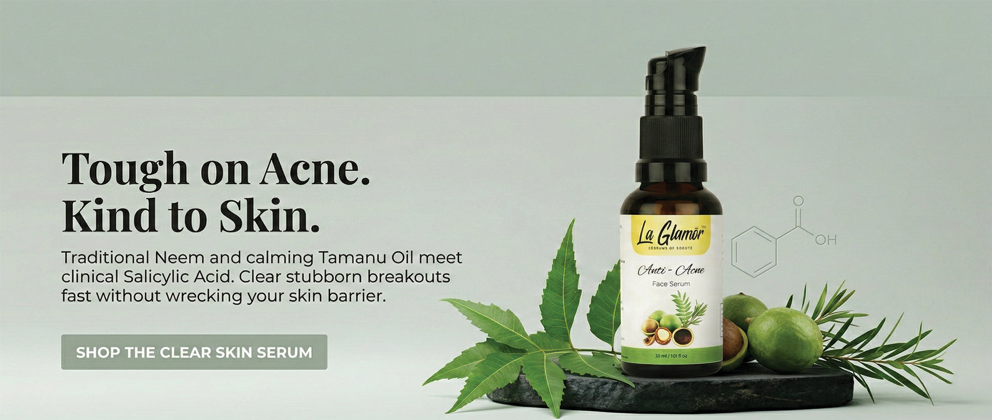 La Canara anti acne skin serum bottle with neem leaves 